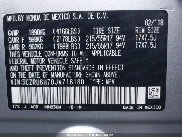 3CZRU6H70JM716180 Honda Hr-v Ex-l