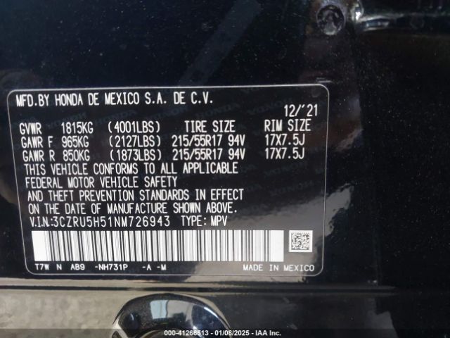 3CZRU5H51NM726943 Honda Hr-v 2wd Ex