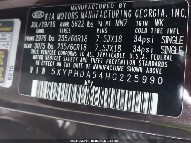 5XYPHDA54HG225990 KIA Sorento 3.3l Ex