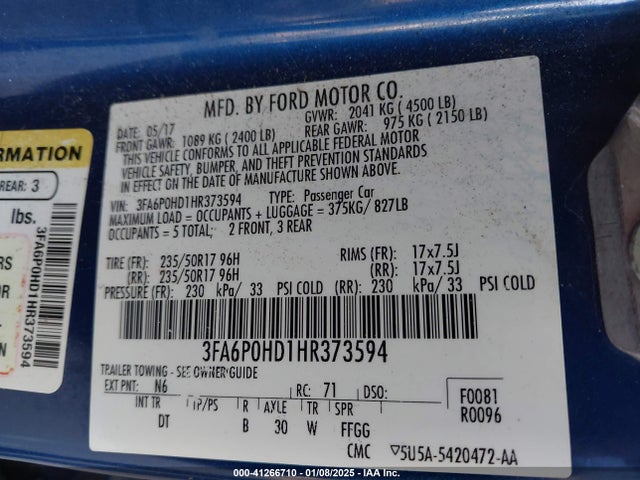 Ford FUSION SE 2017 3FA6P0HD1HR373594 Image 9