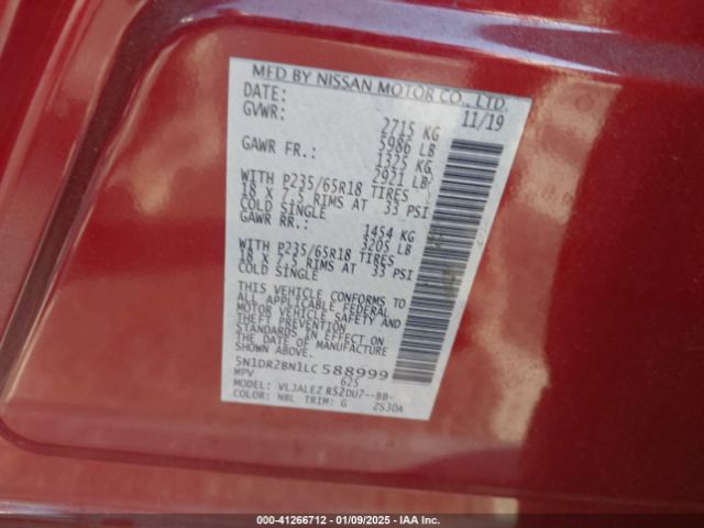 5N1DR2BN1LC588999 Nissan Pathfinder Sv 2wd