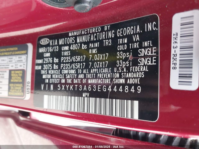 KIA SORENTO LX 2014 5XYKT3A63EG444849 Image 9