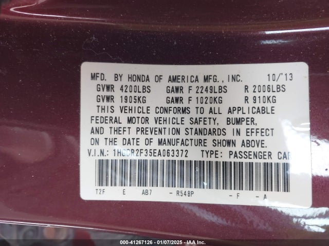 Honda ACCORD LX 2014 1HGCR2F35EA063372 Image 9
