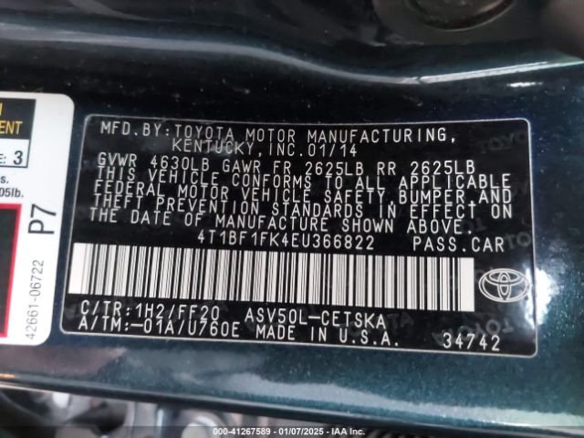 4T1BF1FK4EU366822 Toyota CAMRY SE