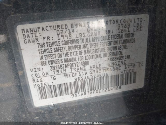 3N1AB7AP0EY214988 Nissan Sentra Fe+ S/fe+ Sv/s/sl/sr/sv