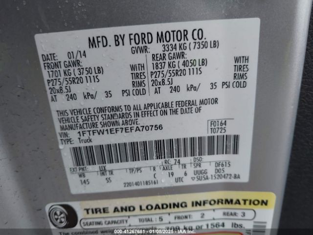 1FTFW1EF7EFA70756 Ford F-150 Stx