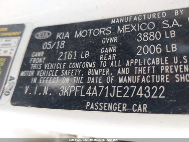 3KPFL4A71JE274322 KIA FORTE LX