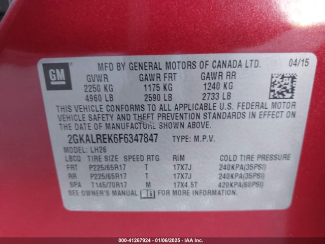 GMC Terrain Sle-2 2015 2GKALREK6F6347847 Image 9