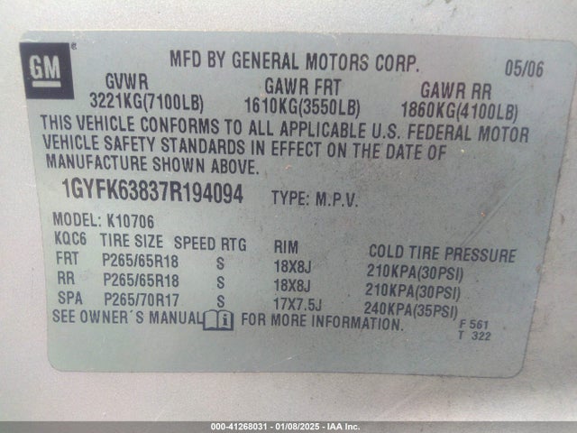 2007 CADILLAC ESCALADE 1GYFK63837R194094 Photo 8