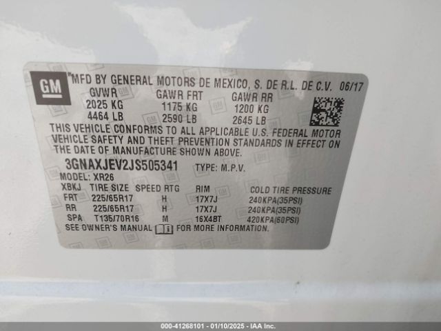 3GNAXJEV2JS505341 Chevrolet EQUINOX LT