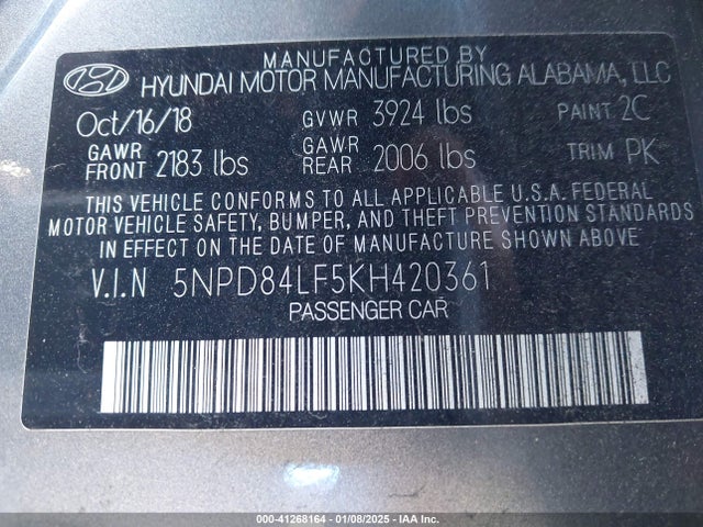 5NPD84LF5KH420361 Hyundai ELANTRA SEL