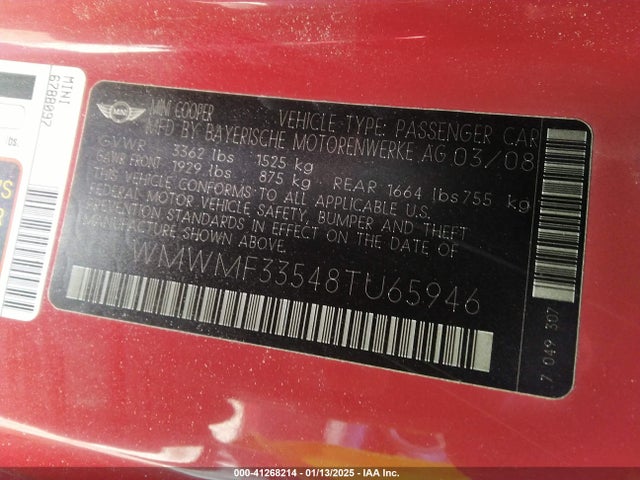 2008 MINI COOPER WMWMF33548TU65946 Photo 8
