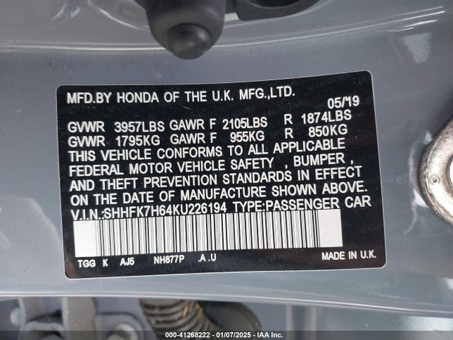 Honda CIVIC EX 2019 SHHFK7H64KU226194 Image 9