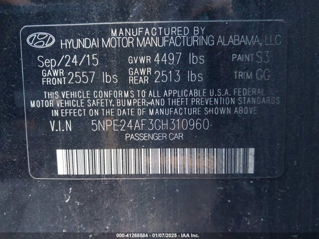 5NPE24AF3GH310960 Hyundai SONATA SE