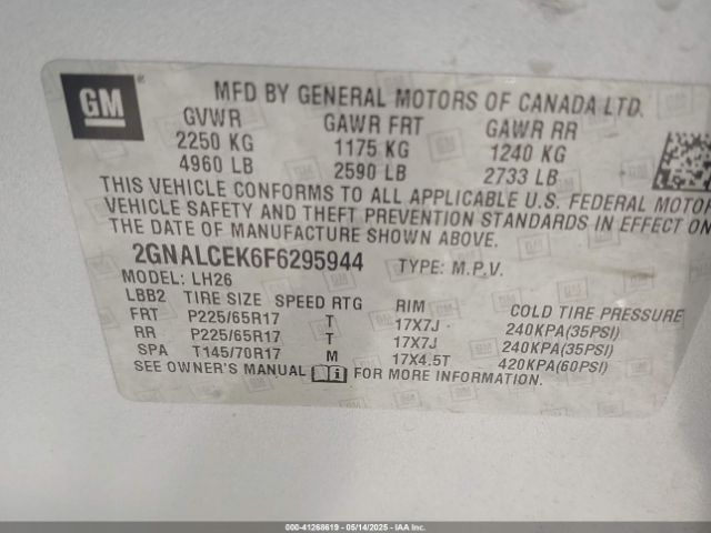 2GNALCEK6F6295944 Chevrolet Equinox 2lt
