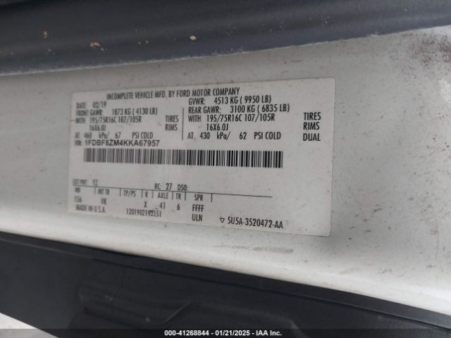 1FDBF8ZM4KKA67957 Ford Transit-350 Cab