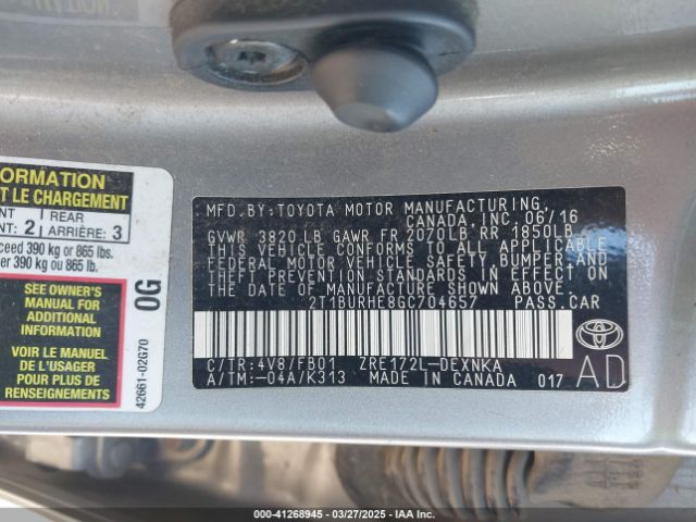 2T1BURHE8GC704657 Toyota COROLLA LE