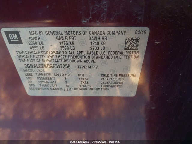Chevrolet EQUINOX LT 2016 2GNALCEK6G6317359 Image 9