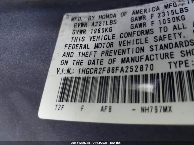 1HGCR2F86FA252870 Honda Accord Ex-l