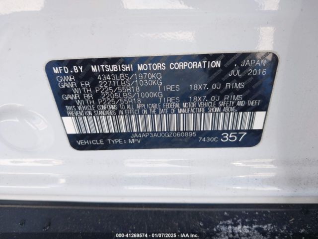 JA4AP3AU0GZ060895 Mitsubishi Outlander Sport 2.0 Es