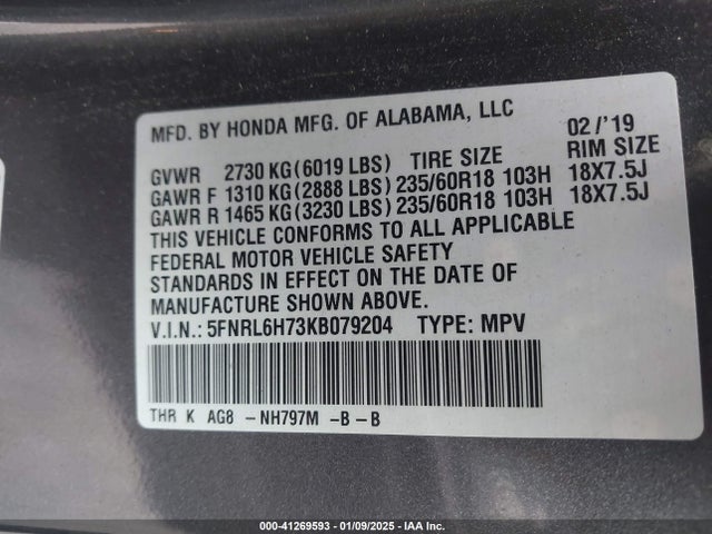 5FNRL6H73KB079204 Honda Odyssey Ex-l