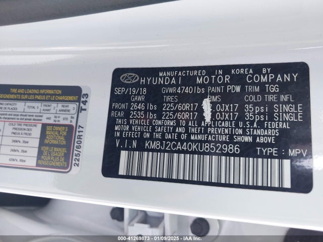 KM8J2CA40KU852986 Hyundai TUCSON SE