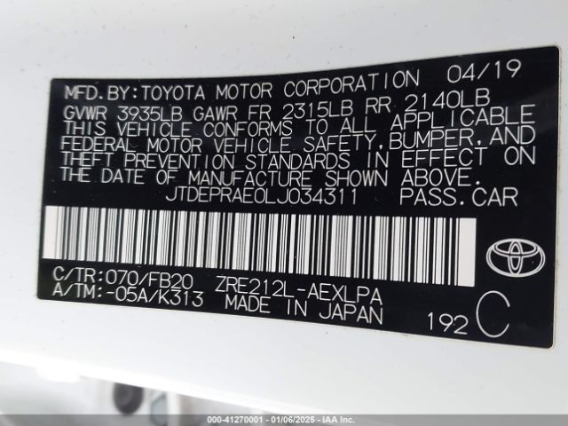 JTDEPRAE0LJ034311 Toyota COROLLA LE