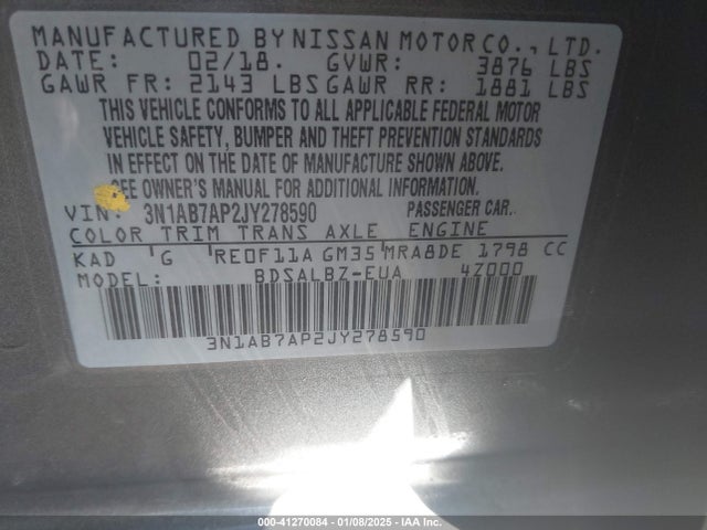 3N1AB7AP2JY278590 Nissan SENTRA S