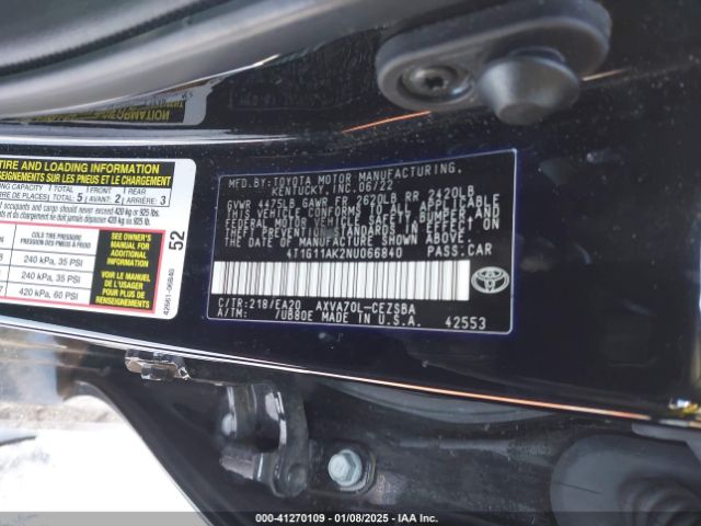 2022 TOYOTA CAMRY 4T1G11AK2NU066840 Photo 8
