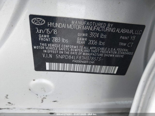 Aukcja sprzedaży 2018 Hyundai Elantra Sel, vin: 5NPD84LF8JH378573, numer aukcji: 41270281