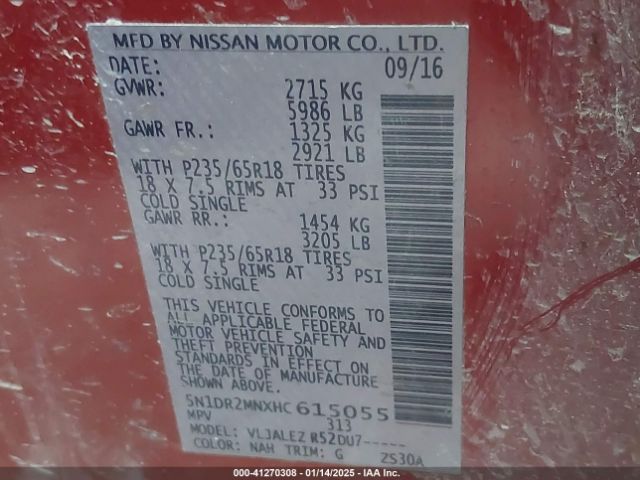 5N1DR2MNXHC615055 Nissan Pathfinder Platinum/s/sl/sv