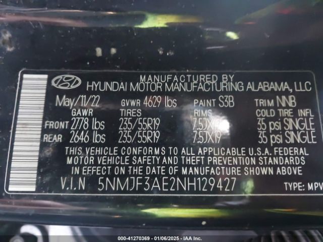 5NMJF3AE2NH129427 Hyundai TUCSON SEL