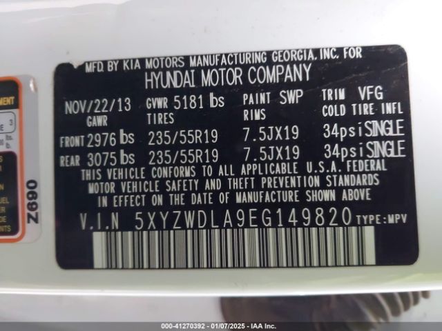 5XYZWDLA9EG149820 Hyundai Santa Fe Sport 2.0l Turbo