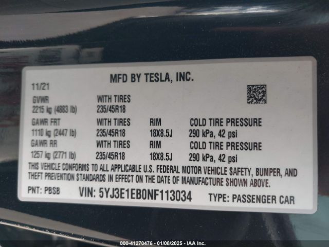 2022 TESLA MODEL 3 5YJ3E1EB0NF113034 Photo 8