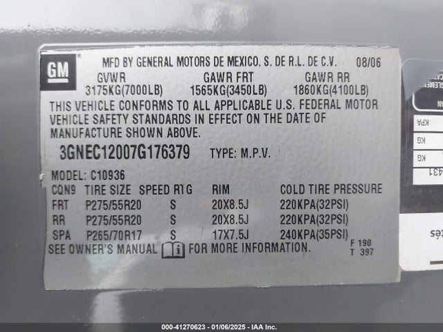 2007 Chevrolet Avalanche 1500 Ltz მანქანა იყიდება აუქციონზე, vin: 3GNEC12007G176379, აუქციონის ნომერი: 41270623
