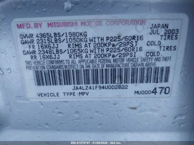 2004 MITSUBISHI OUTLANDER JA4LZ41F94U002822 Photo 8