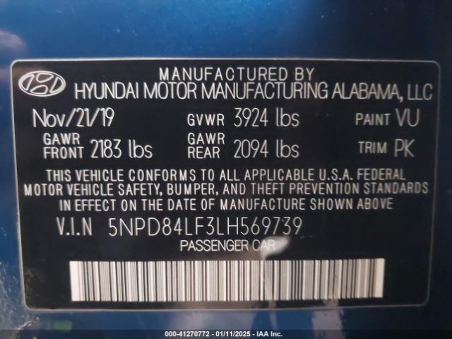 5NPD84LF3LH569739 Hyundai ELANTRA SEL