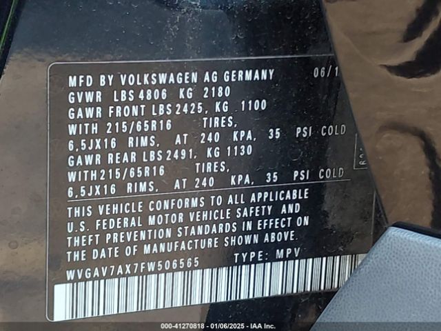 WVGAV7AX7FW506565 Volkswagen TIGUAN S