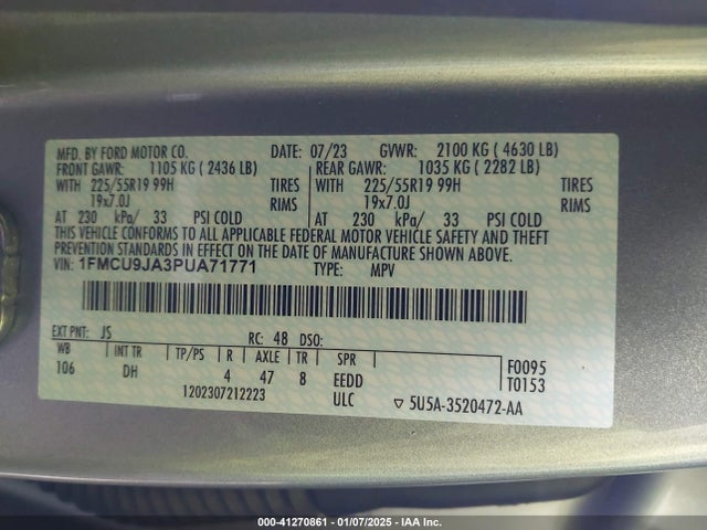 1FMCU9JA3PUA71771 Ford Escape Platinum