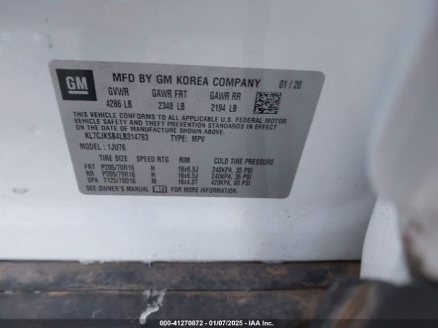 KL7CJKSB4LB314793 Chevrolet Trax Fwd Ls