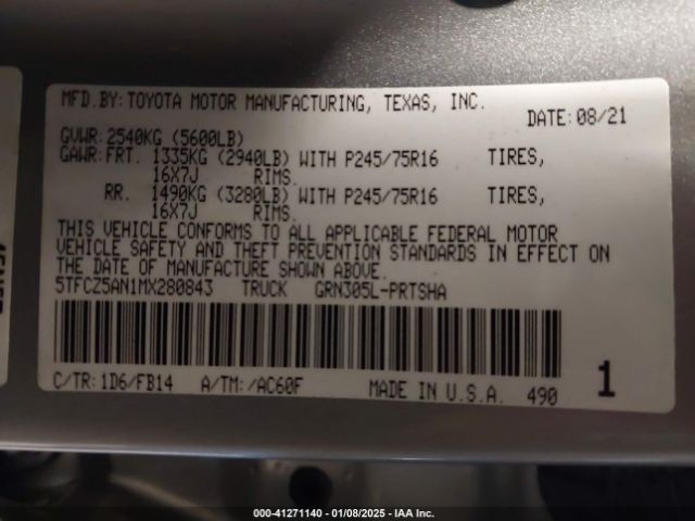 5TFCZ5AN1MX280843 Toyota Tacoma Sr V6