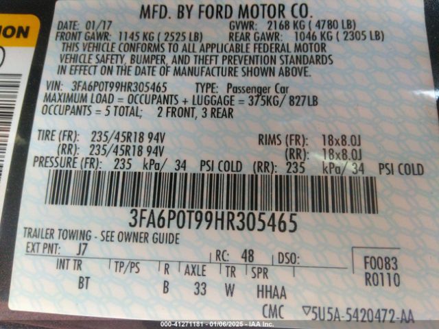 3FA6P0T99HR305465 Ford FUSION SE