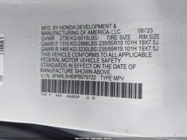 5FNRL6H83PB079722 Honda Odyssey Touring