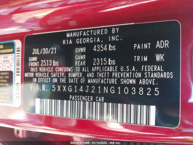 5XXG14J21NG103825 KIA K5 LXS