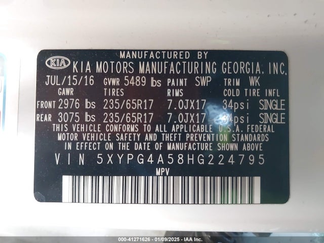 KIA Sorento 2017 5XYPG4A58HG224795 Image 9