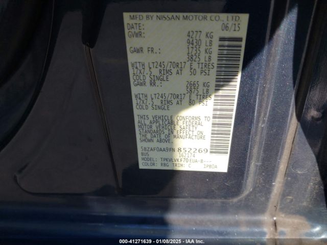 5BZAF0AA9FN852269 Nissan Nv Passenger Nv3500 Hd Sl V8