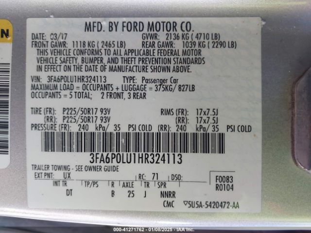 3FA6P0LU1HR324113 Ford Fusion Hybrid Se