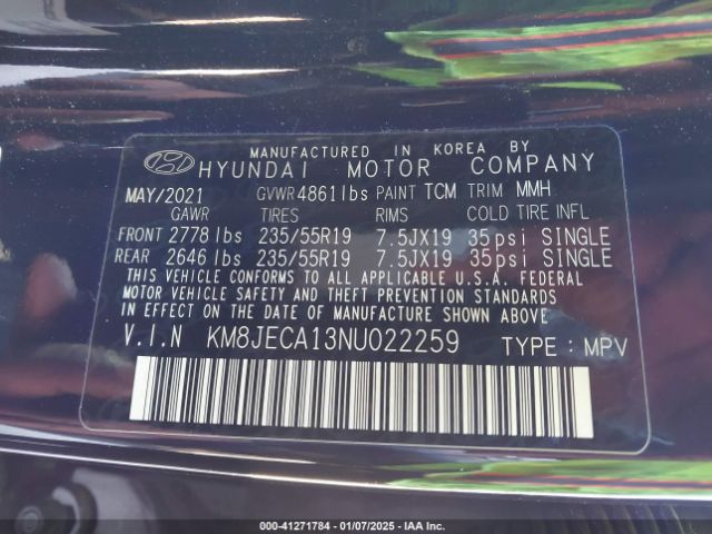 KM8JECA13NU022259 Hyundai Tucson Hybrid Limited