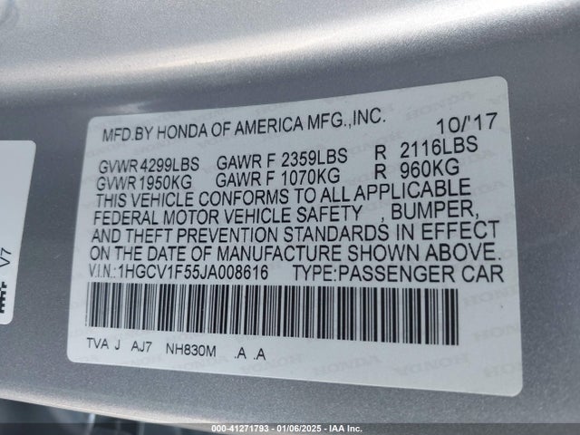 2018 Honda Accord Ex-l მანქანა იყიდება აუქციონზე, vin: 1HGCV1F55JA008616, აუქციონის ნომერი: 41271793