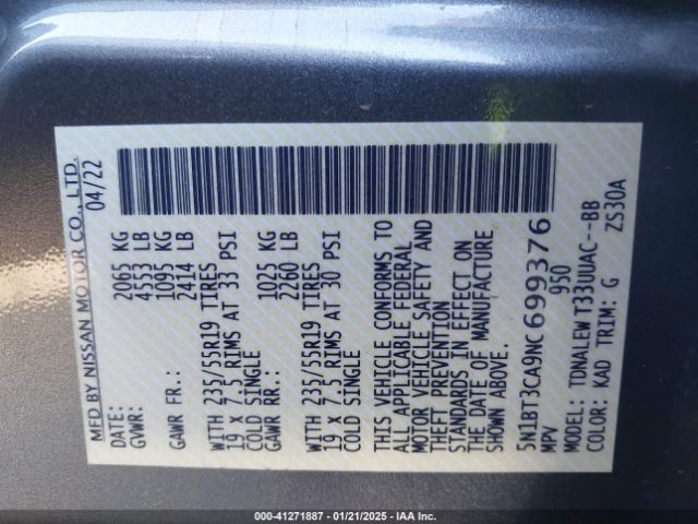5N1BT3CA9NC699376 Nissan Rogue Sl Fwd